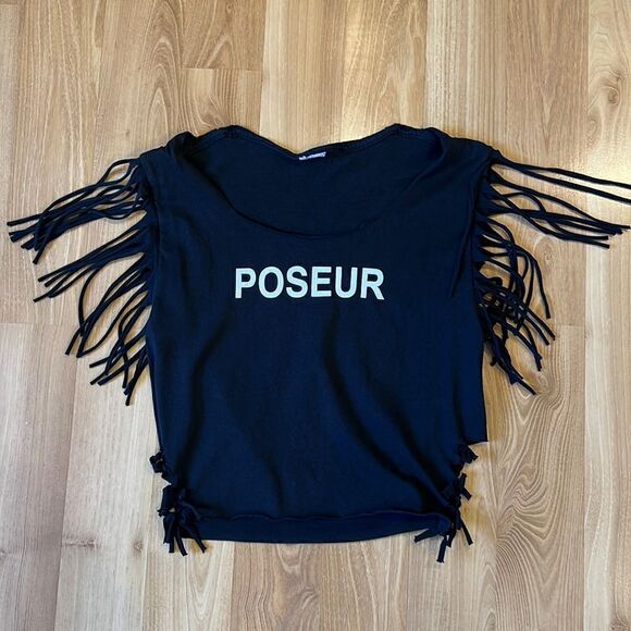 Punk Poseur Distressed Fringe Sleeve Crop Top Size Smal - Picture 1 of 3